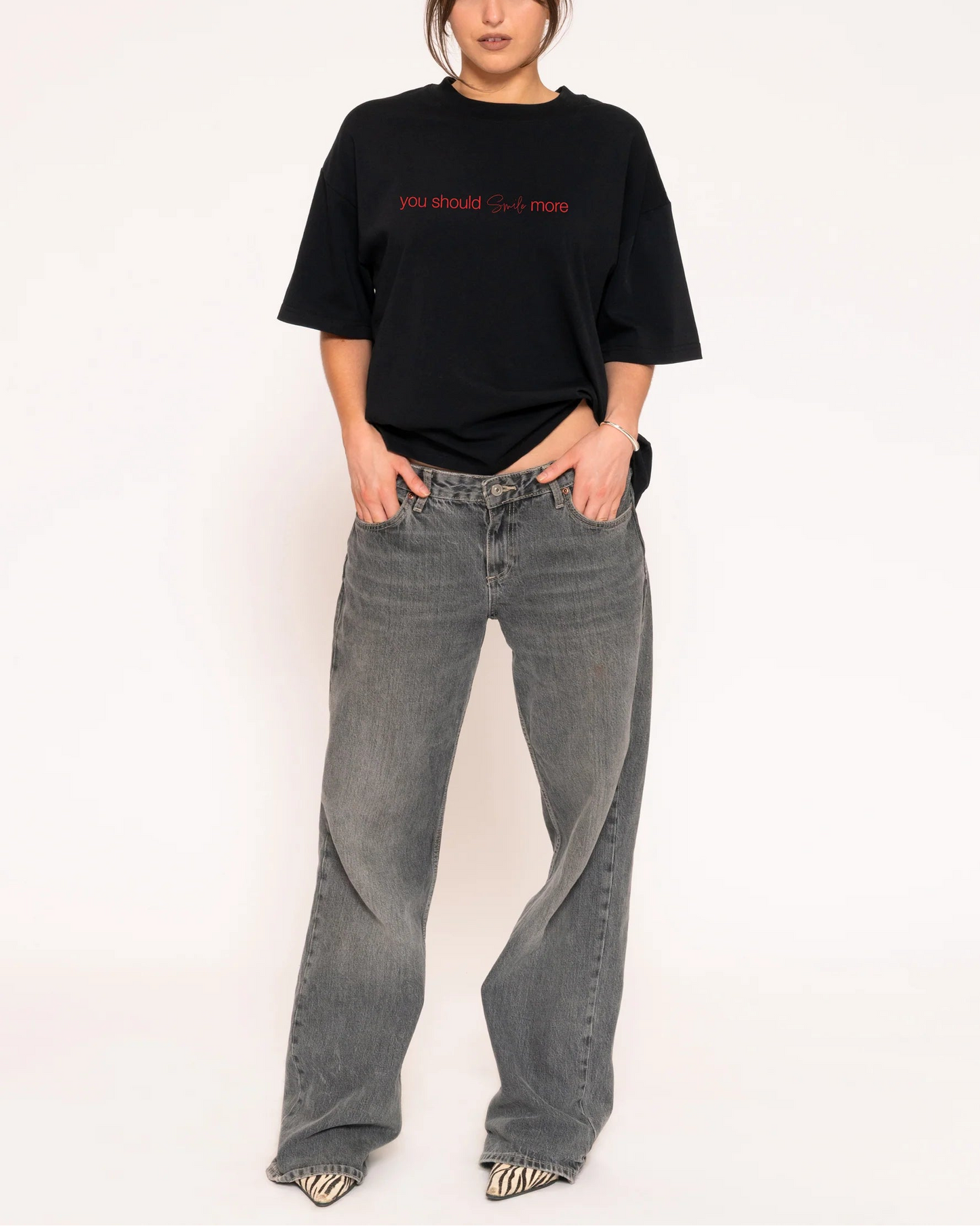 You Should Smile More Boxy Crop Tee – detail of slogan graphic