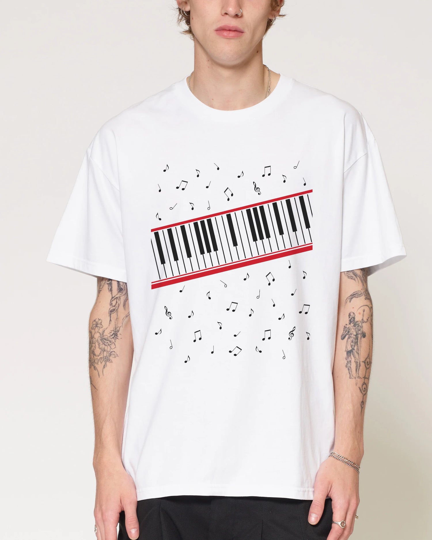 Beat It Piano Keys T-Shirt front view showing piano key design
