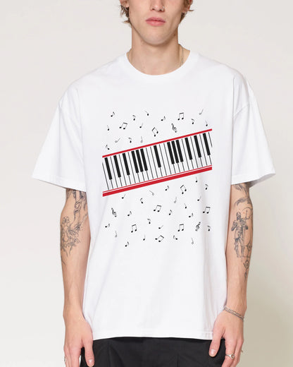 Beat It Piano Keys T-Shirt front view showing piano key design