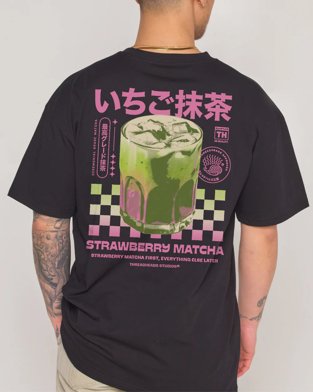 Strawberry Matcha Graphic Tee – Black colorway front view