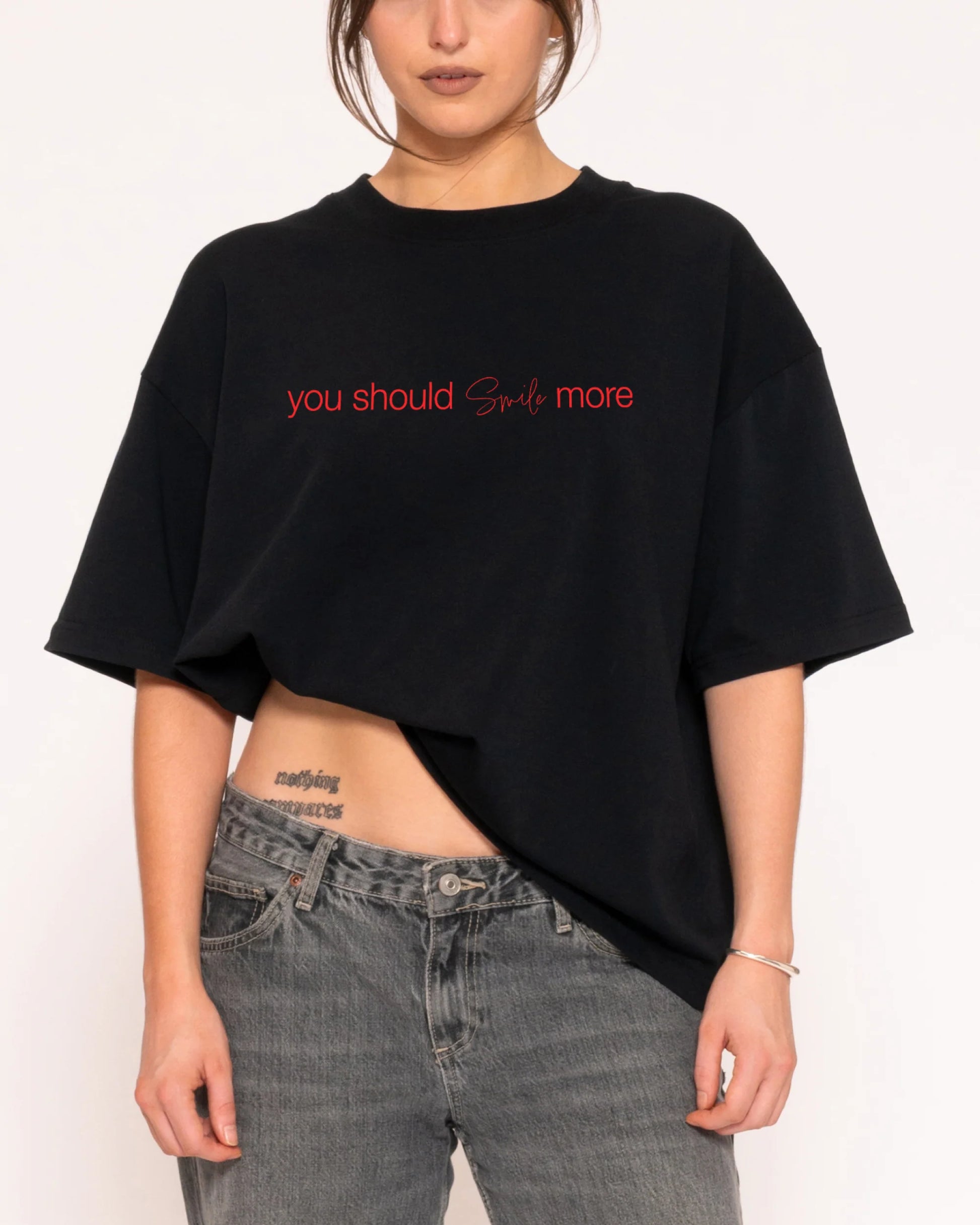 You Should Smile More Boxy Crop Tee – Black colorway front view