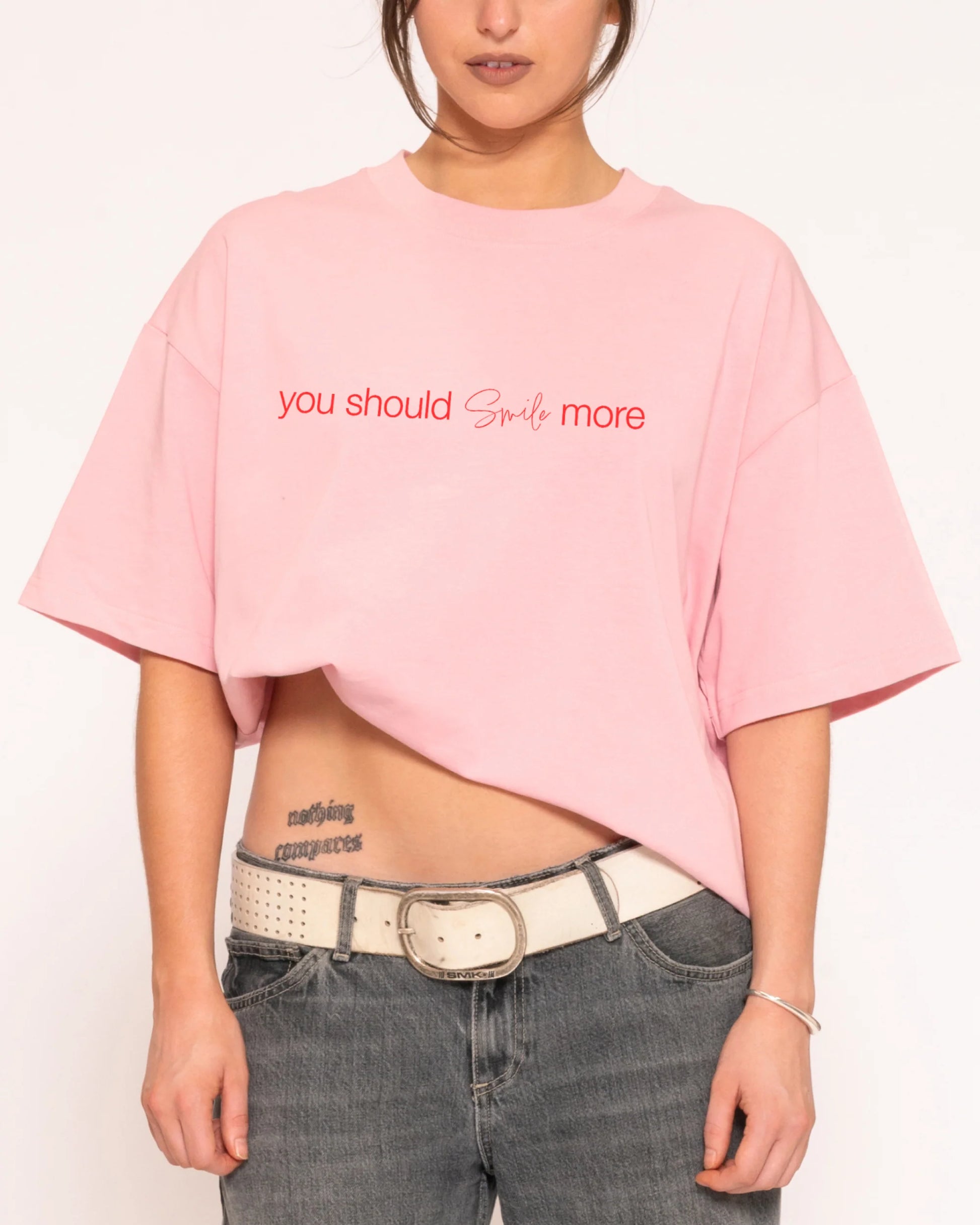 You Should Smile More Boxy Crop Tee – Pink colorway front view