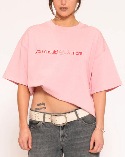 You Should Smile More Boxy Crop Tee – Pink colorway front view