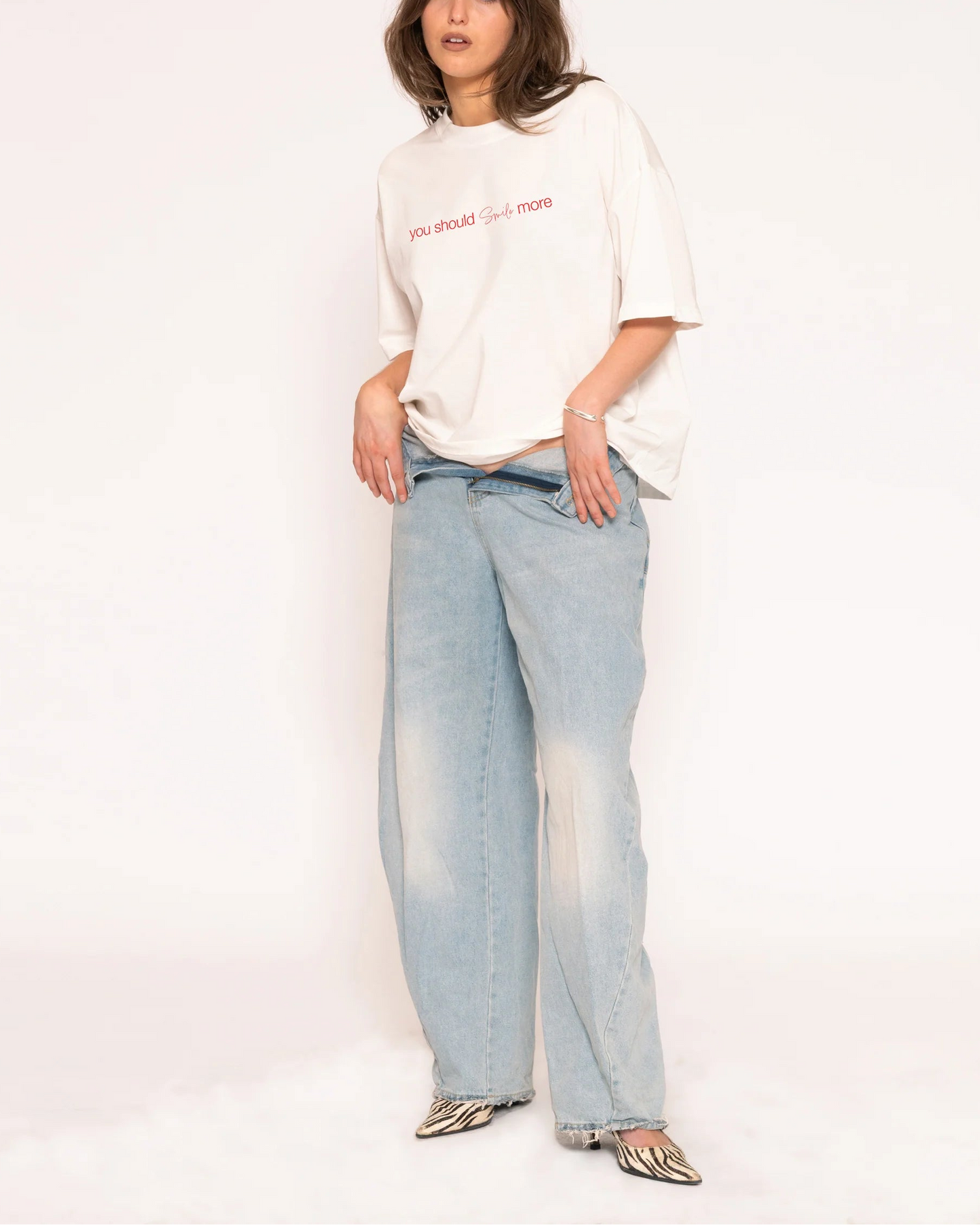 You Should Smile More Boxy Crop Tee – White colorway front view